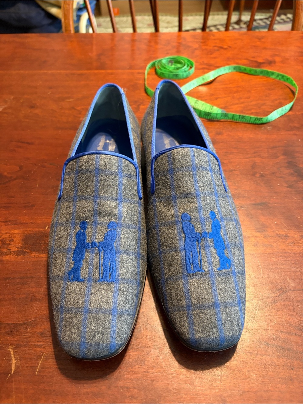 Men's Gray Plaid Slip-On Loafers with Blue Embroidered Detail